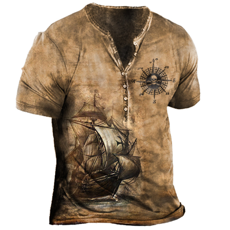 

Men's Vintage Compass Pirate Sailboat Print Henley Collar T-Shirt