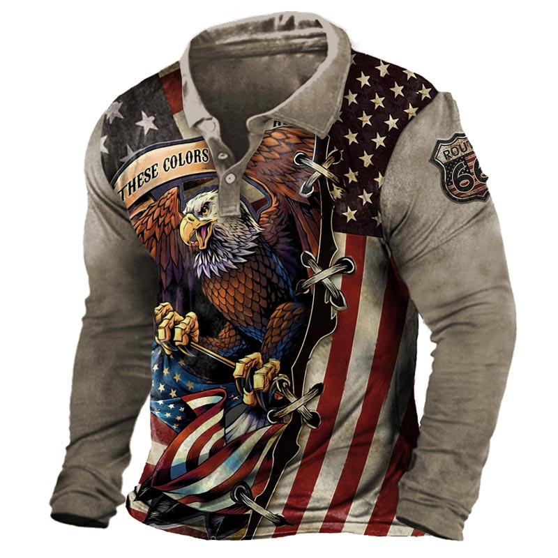 Men's Route 66 American Chic Flag American Eagle Print Long Sleeve Polo Shirt