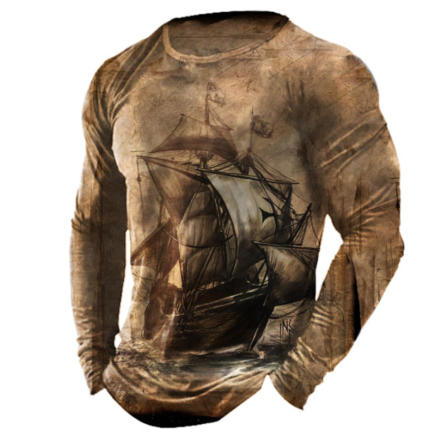 

Men's Outdoor Pirate Ship Print Casual Henley Long Sleeve Shirt