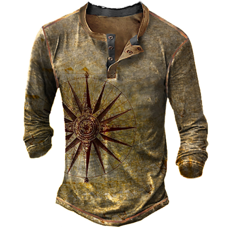 

Men's Outdoor Compass Print Casual Henley Long Sleeve Shirt