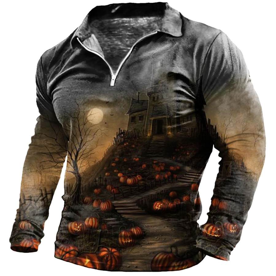 

Men's Halloween Pumpkin Print Zip Polo Long Sleeve T-Shirt