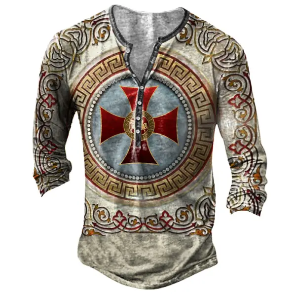 Men's Vintage Knights Templar Cross Henley Long Sleeve T-Shirt - Chrisitina.com 