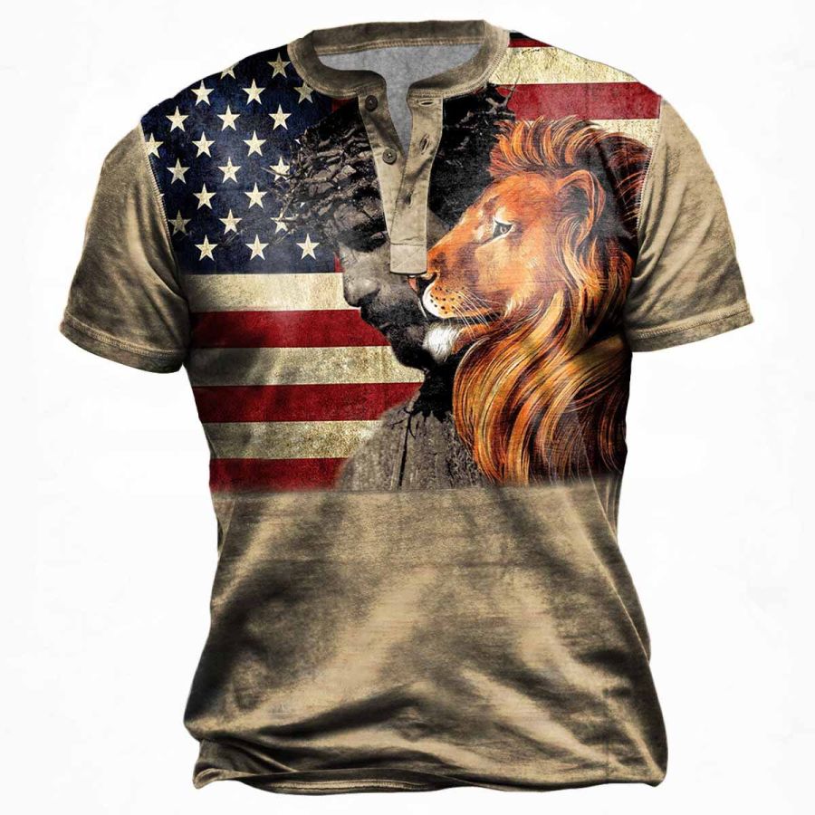 

Men's Vintage Jesus Lion American Flag Print Henley T-Shirt