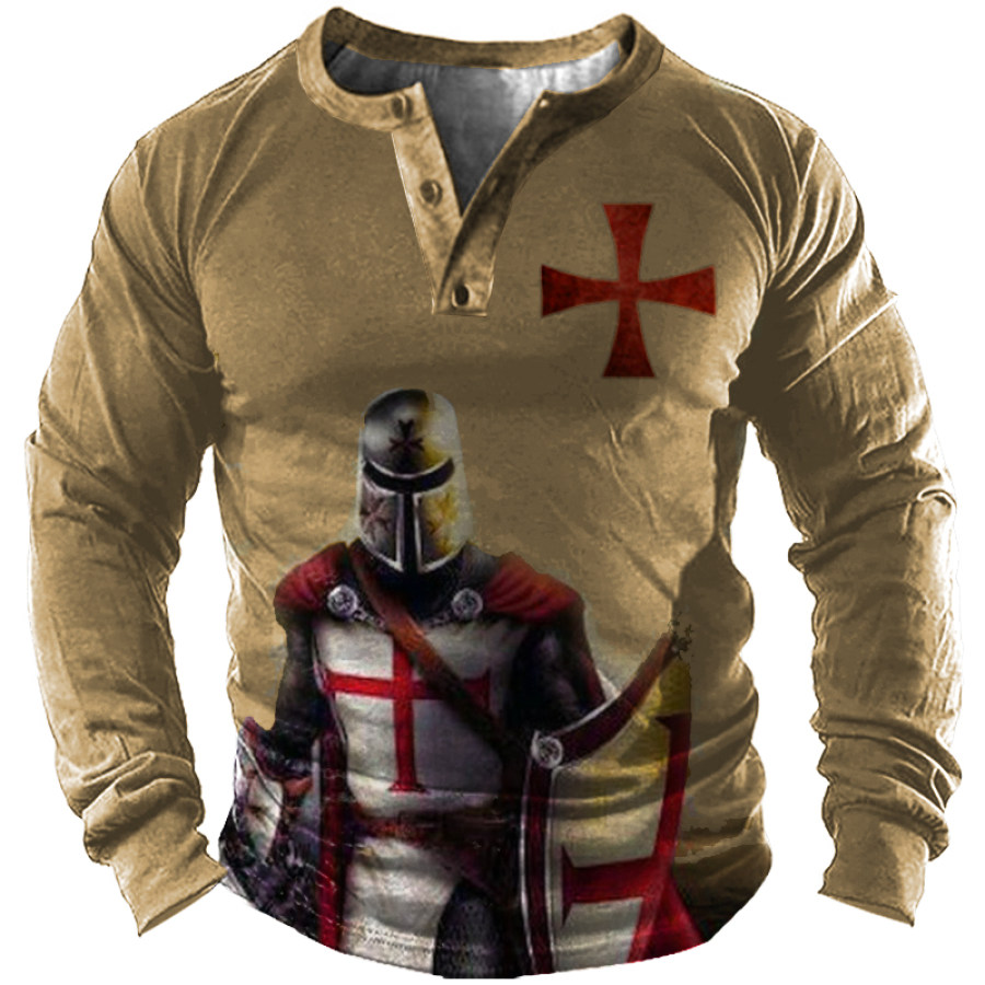 

Men's Vintage Knights Templar Cross Print Henley Long Sleeves Shirt