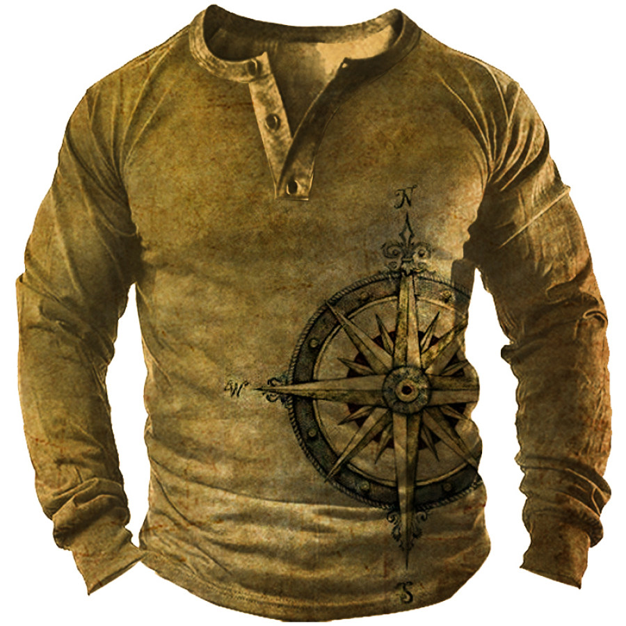 

Men's Vintage Nautical Compass Print Henley Collar Long Sleeve Shirt