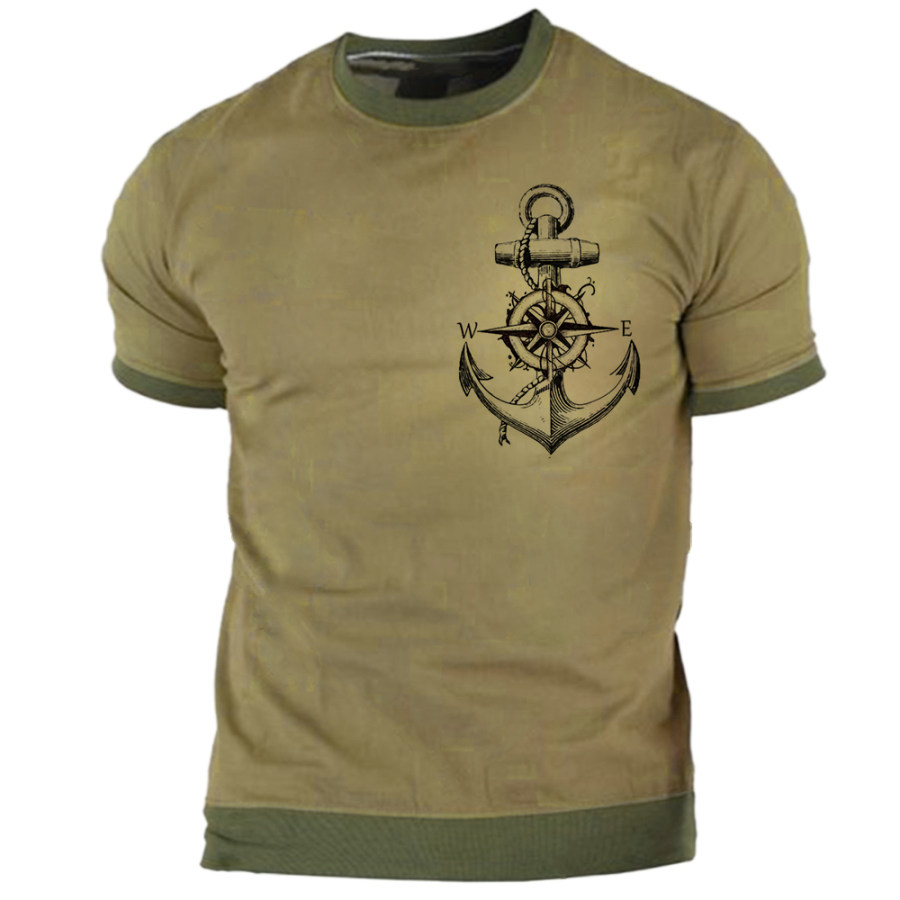 

Men's Vintage Compass Anchor Print Colorblock T-Shirt
