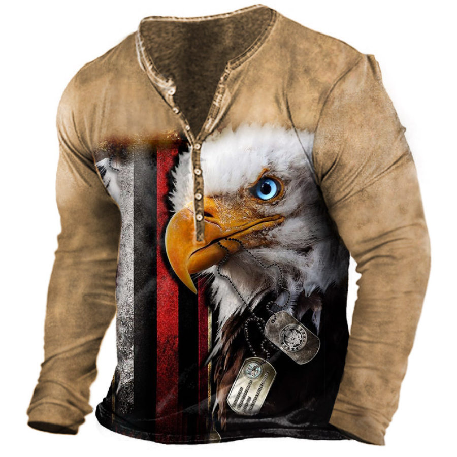 

Men's Vintage Striped Bald Eagle Print Henley Long Sleeve T-Shirt