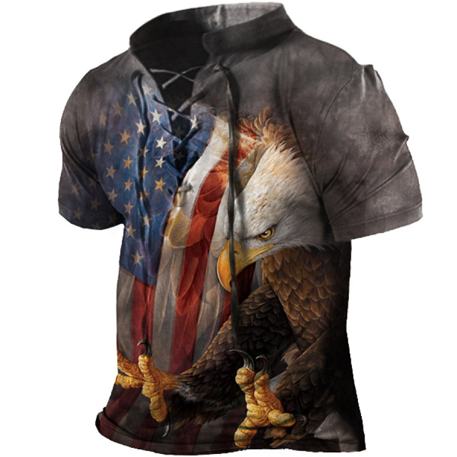 

American Flag Liberty Eagle Print Vintage Men's Cross Collar Short Sleeve T-Shirt