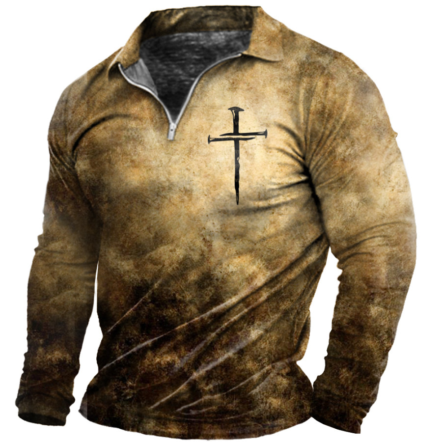 

Men's Vintage Jesus Cross Long Sleeve Zip Polo Neck T-Shirt