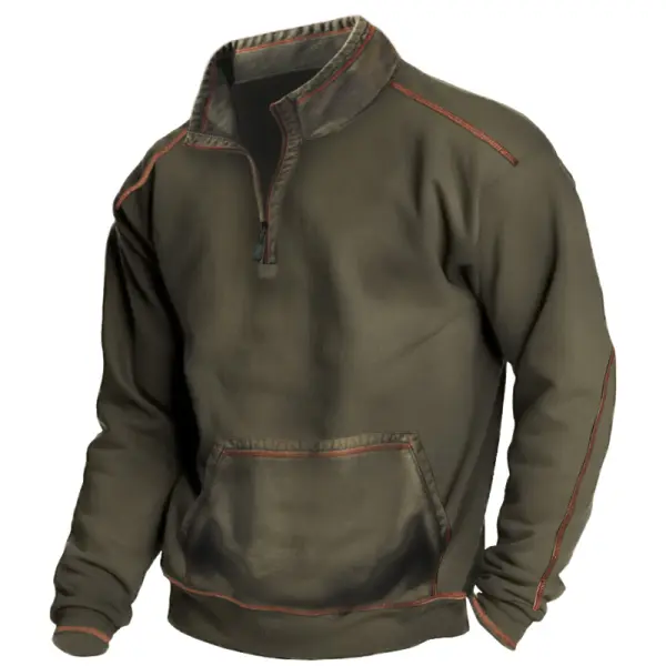 Men's Vintage Patchwork Pocket Zip Stand Collar Tactical Sweatshirt - Kalesafe.com 