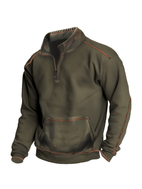 Men's Vintage Patchwork Pocket Zip Stand Collar Tactical Sweatshirt