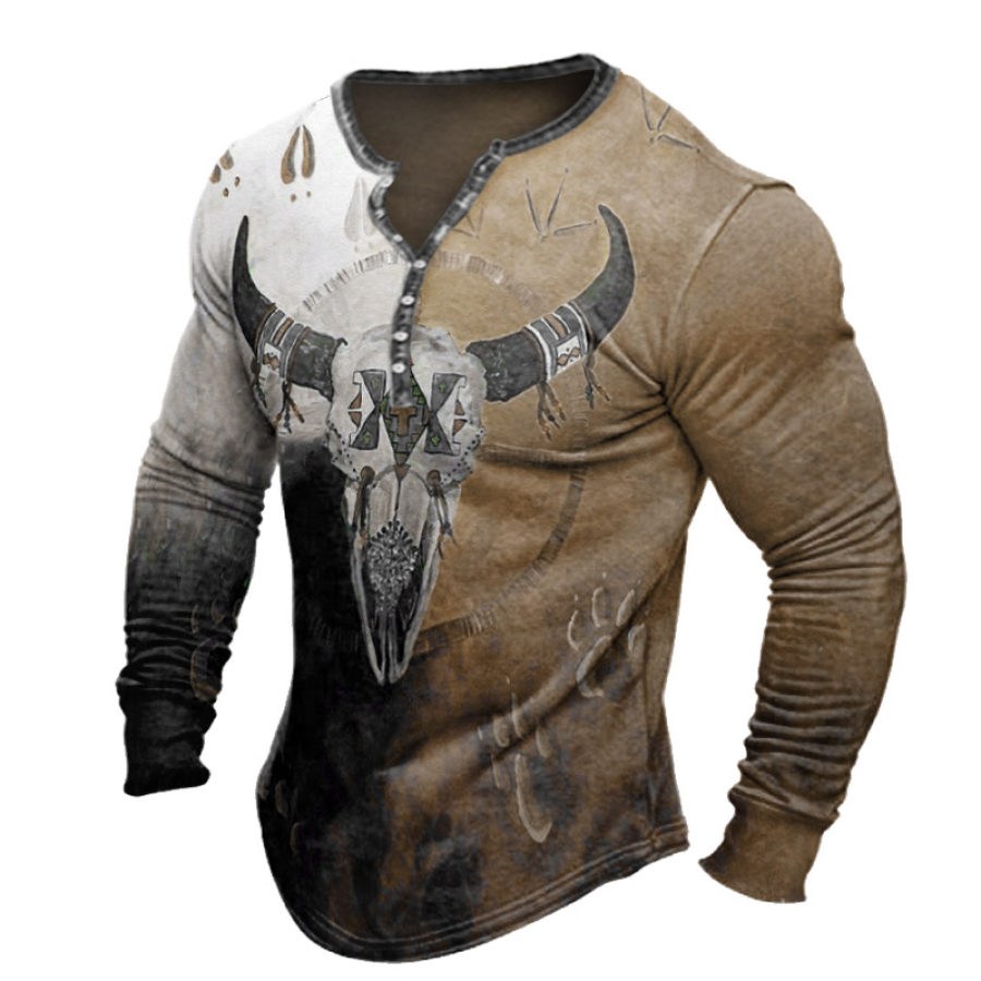 

Men's Native American Animal Skull Print Long Sleeve Henley T-Shirt