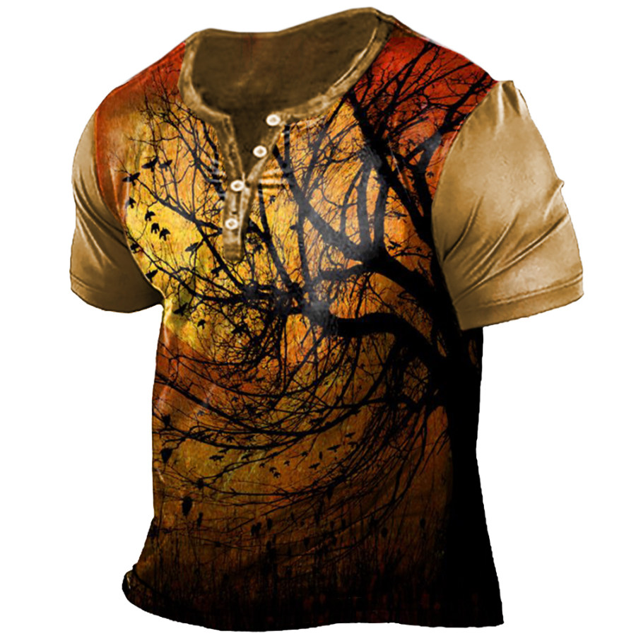 

Men's Vintage Halloween Twig Print Henley Collar Short Sleeve T-Shirt