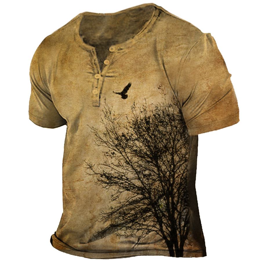 

Men's Vintage Halloween Twig Print Henley Collar Short Sleeve T-Shirt