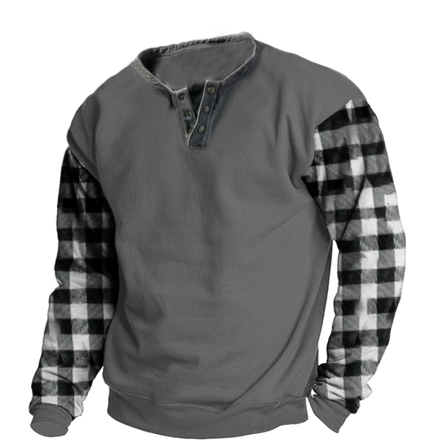 

Men's Plaid Patchwork Color Retro Henley Collar Sweatshirt