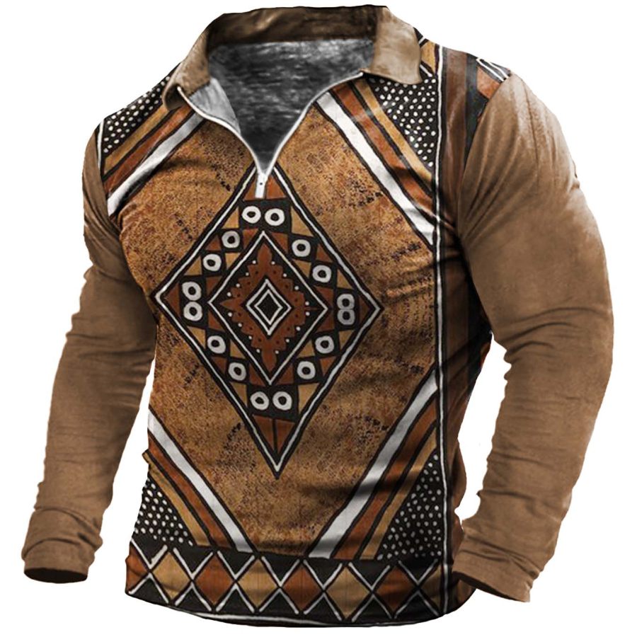 

Men's Ethnic Geometric Pattern Zip Polo Long Sleeve T-Shirt