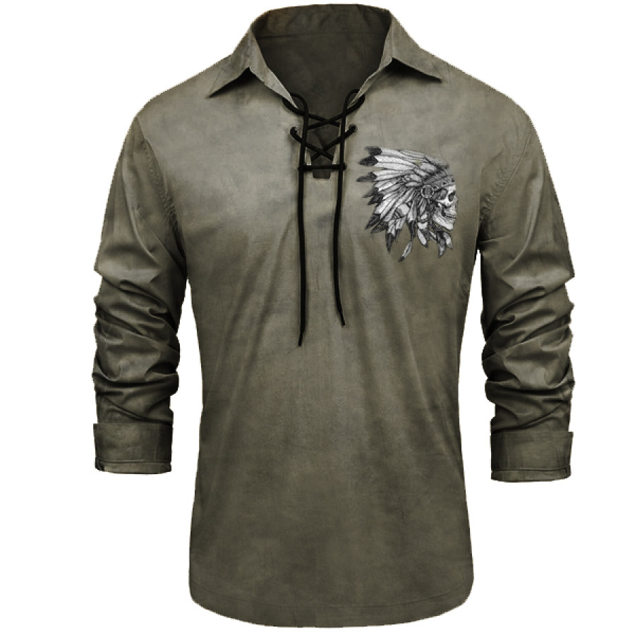 

Indian Skull Vintage Print Men's Half Open Cross Neck Long Sleeve Polo Shirt