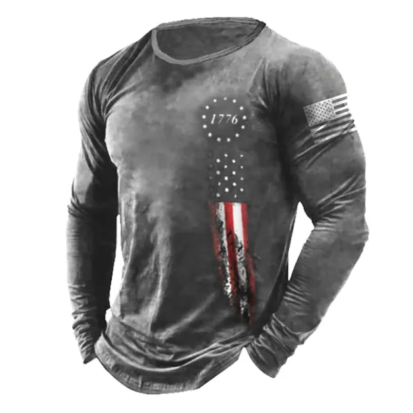 Men's 1776 Independence Day American Flag Print Long Sleeve Cotton T-Shirt - Chrisitina.com 