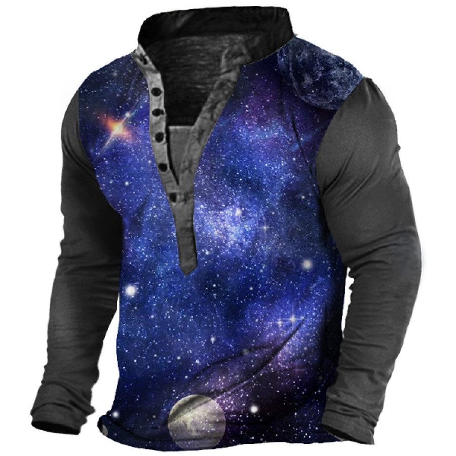 

Starry Sky Print Men's Outdoor Henley Long Sleeve T-Shirt
