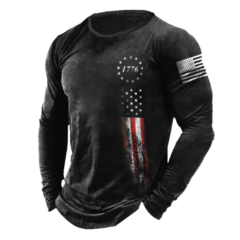 Men's 1776 Independence Day Chic American Flag Print Long Sleeve Cotton T-shirt