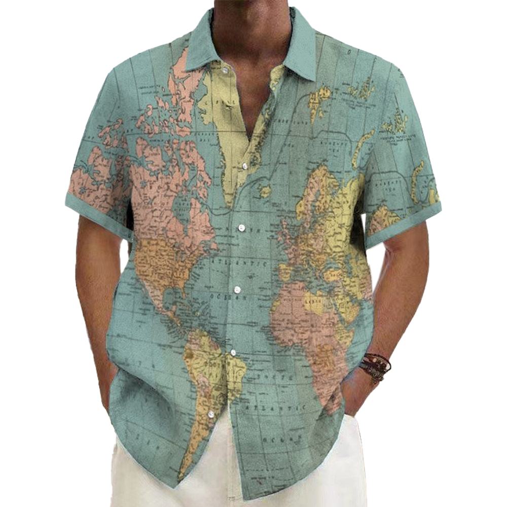 Men's Vintage World Map Print Chic Short Sleeve Shirt