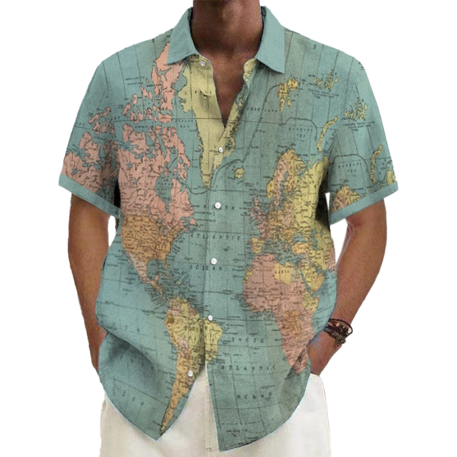 

Camicia Da Uomo A Maniche Corte Con Stampa Mappa Del Mondo Vintage