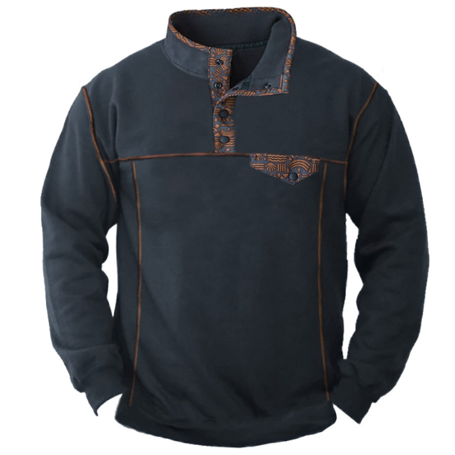 

Men's Vintage Patchwork Print Stand Collar Sweatshirt