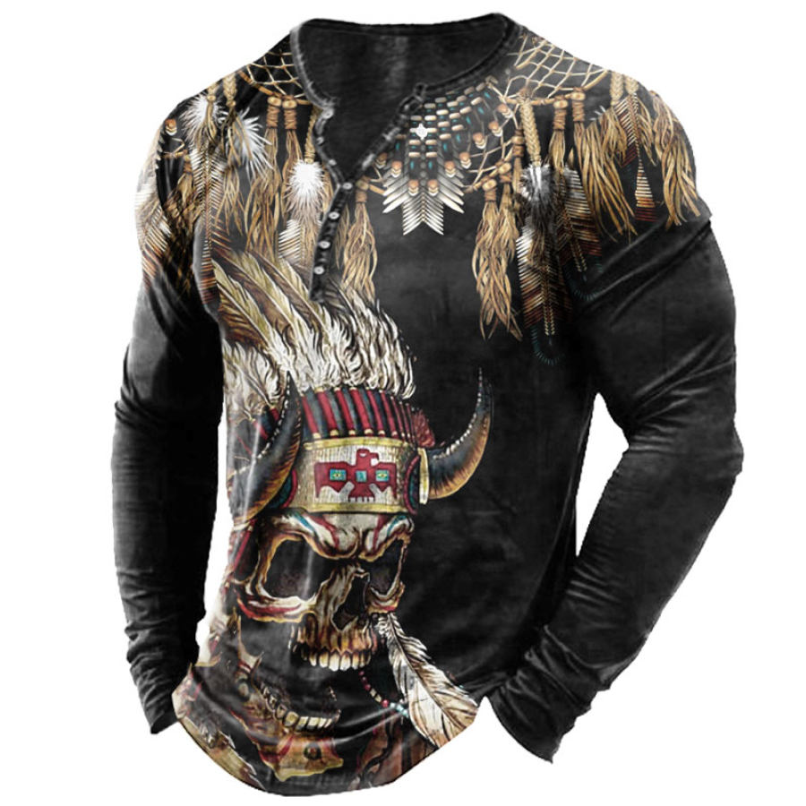 

Men's Native American Skull Print Henry T-Shirt