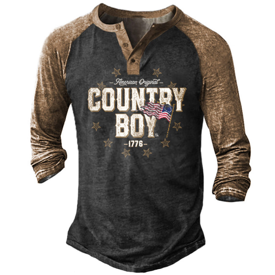 

Men's Vintage Country Boy 1776 American Flag Print Henry T-Shirt