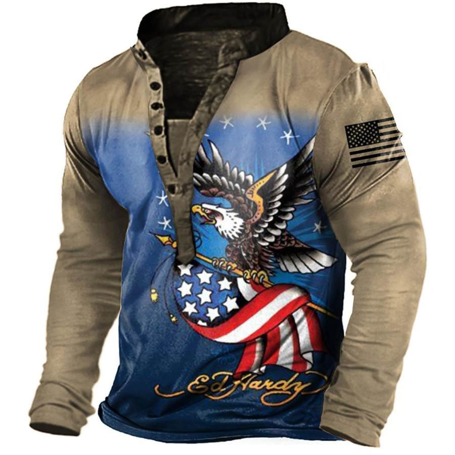 

Men's Outdoor American Flag Eagle Henley Long Sleeve T-Shirt