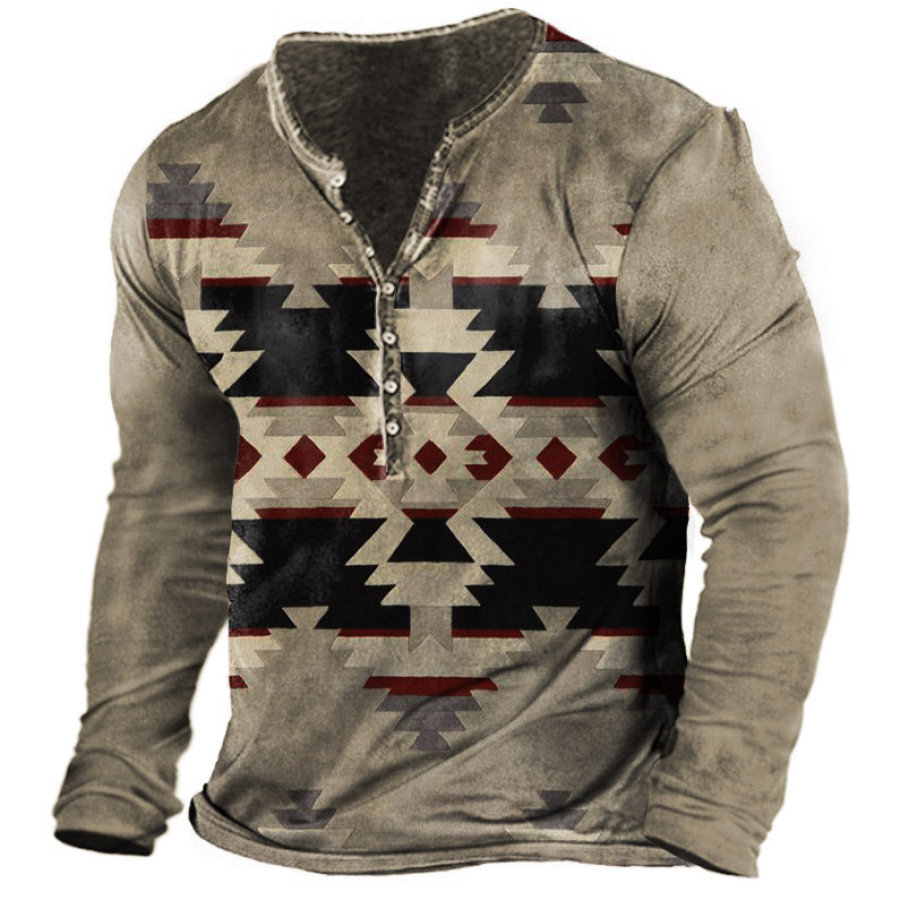 

Men's Vintage Ethnic Geometric Print Henley Long Sleeve T-Shirt