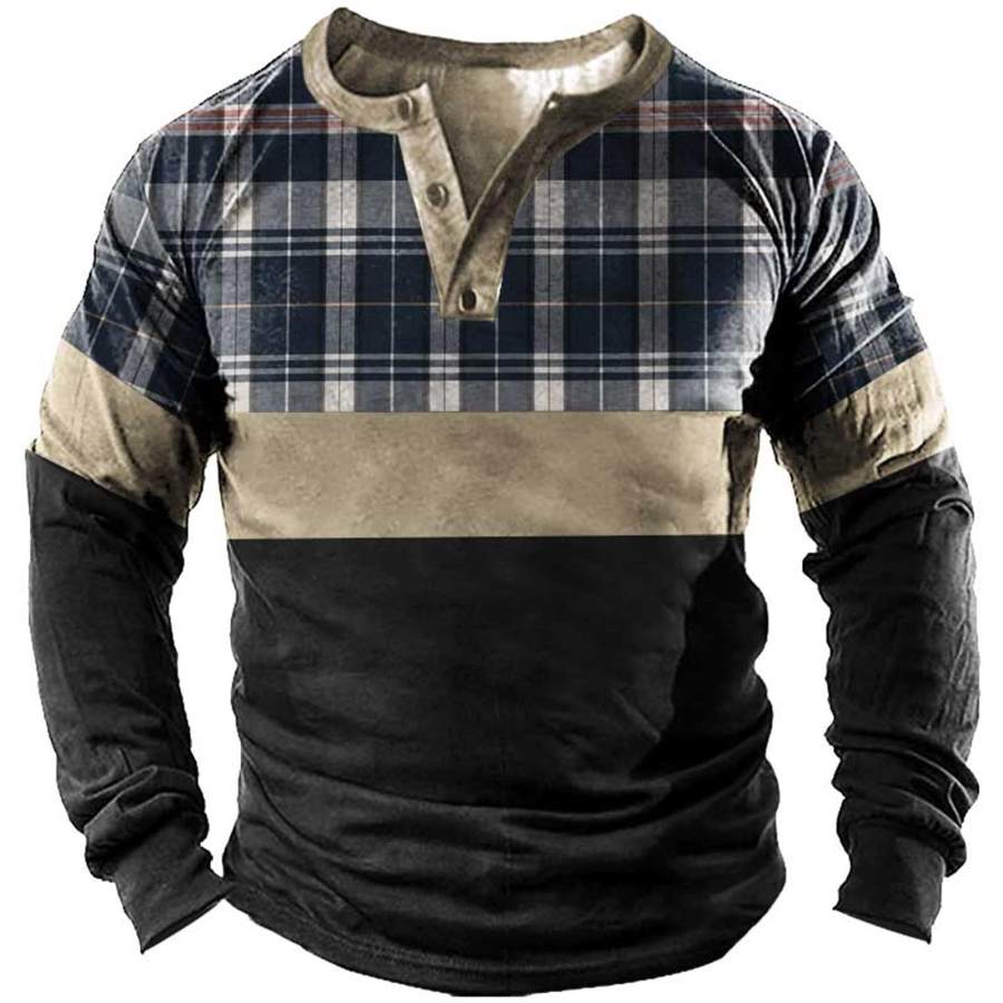 

Men's Vintage Plaid Contrast Print Henley Long Sleeve T-Shirt