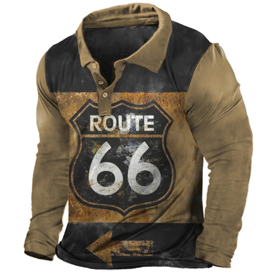

Men's Vintage America Route 66 Print Polo Neck Long Sleeve T-Shirt
