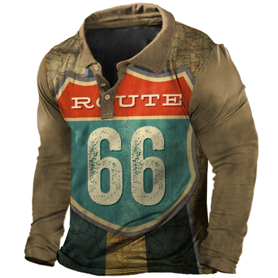 

Men's Vintage America Route 66 Print Polo Neck Long Sleeve T-Shirt