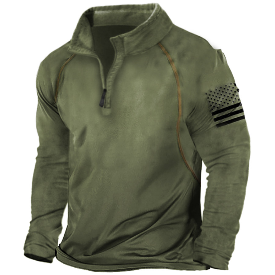 

American Flag Print Men's Outdoor Vintage Stand Collar Long Sleeve T-Shirt