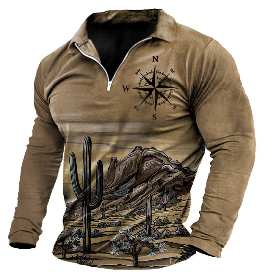 

Men's Vintage Outdoor Desert Compass Graphic Print Polo Neck T-Shirt