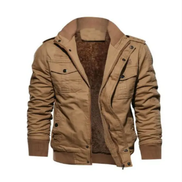 Men's Multi-pocket Cotton Fleece Vintage Cargo Jacket - Fineyoyo.com 