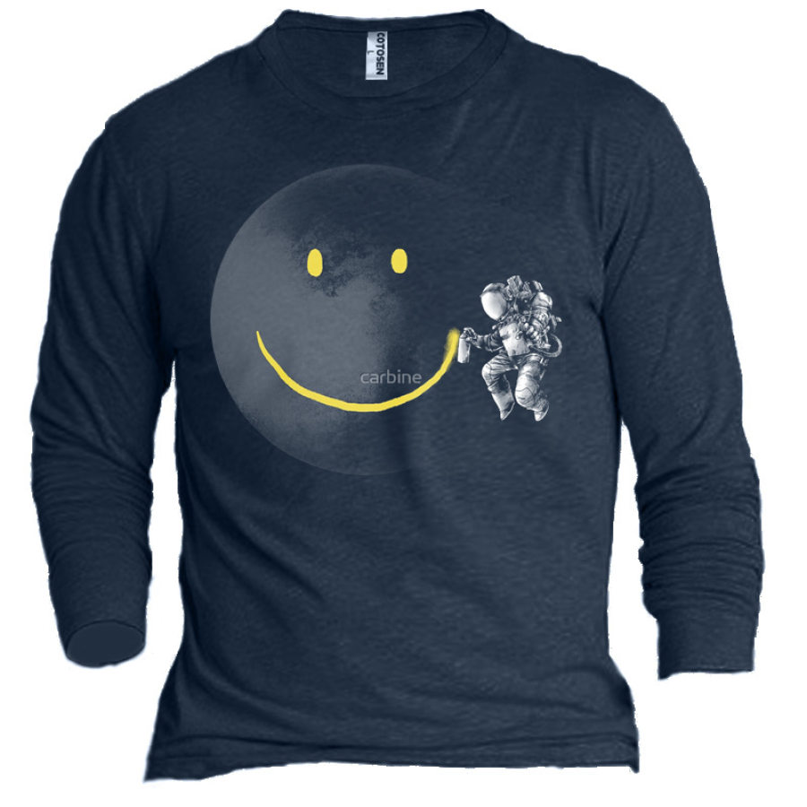 

Men's Funny Smile Astronaut Map Graphic Print Cotton Long Sleeve T-Shirt