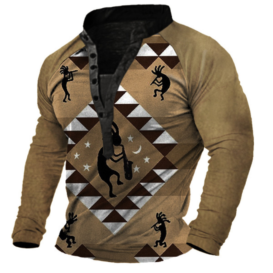 

Men's Vintage Ethnic Geometric Henley Long Sleeve T-Shirt