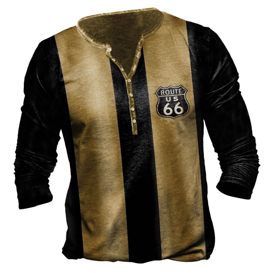

Men's Vintage Route 66 Stripe Print Henley Long Sleeve T-Shirt