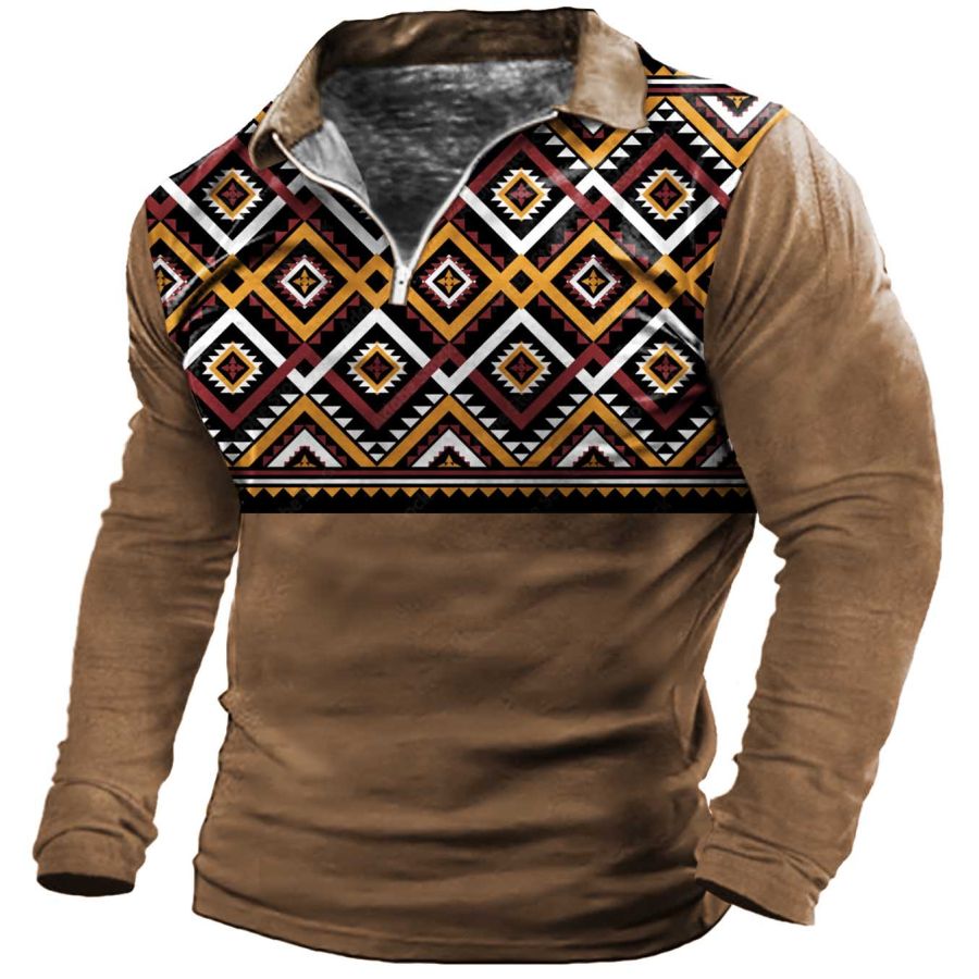 

Men's Ethnic Geometric Zip Polo Long Sleeve T-Shirt