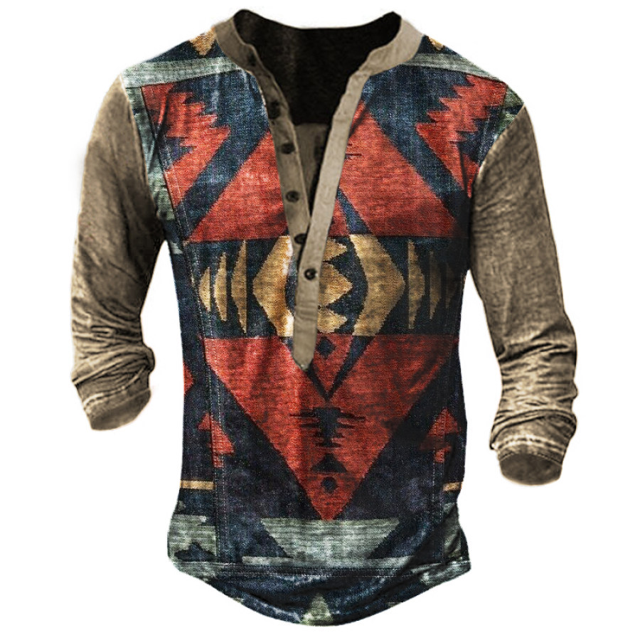 

Vintage Ethnic Collection Graphic Print Men's Henley Long Sleeve T-Shirt