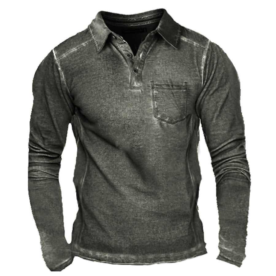 

Men's Vintage Washed Pocket Tactical Long Sleeve Polo Shirt