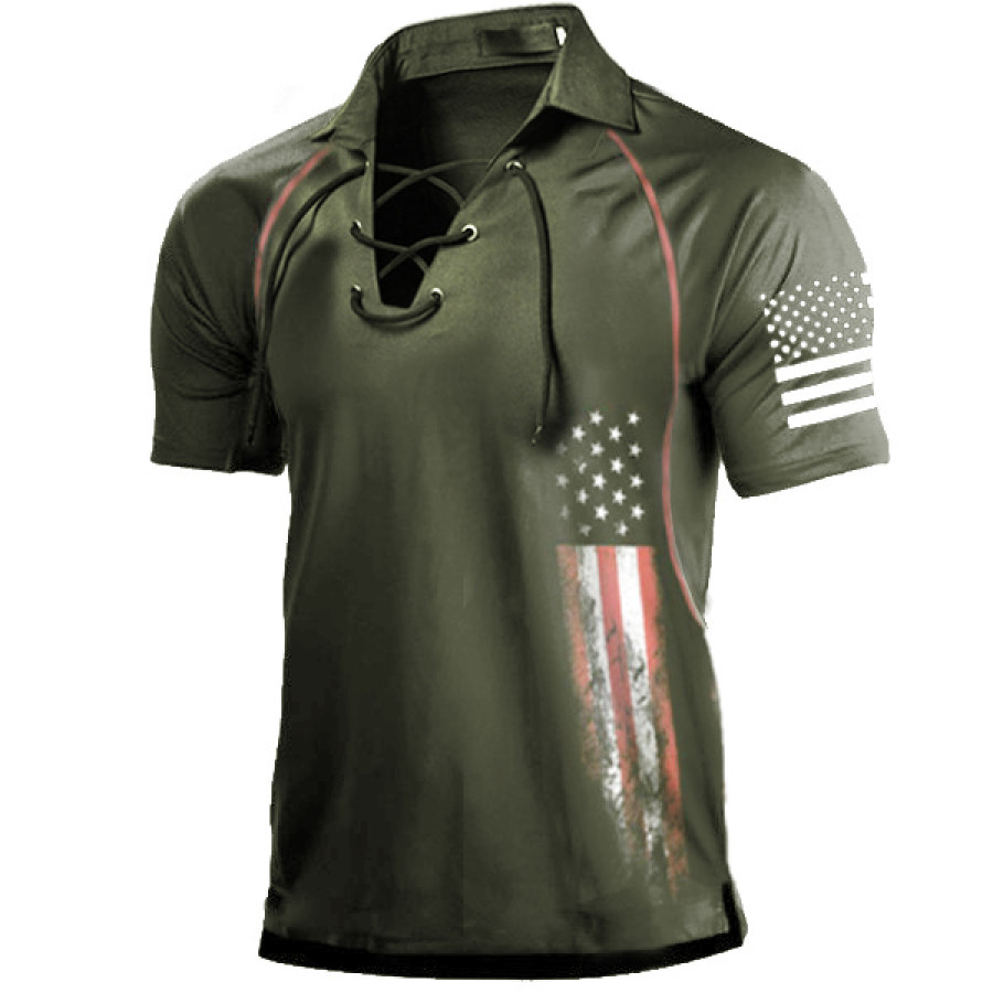 

Men's American Flag Print Patriotic Drawstring Polo Shirt