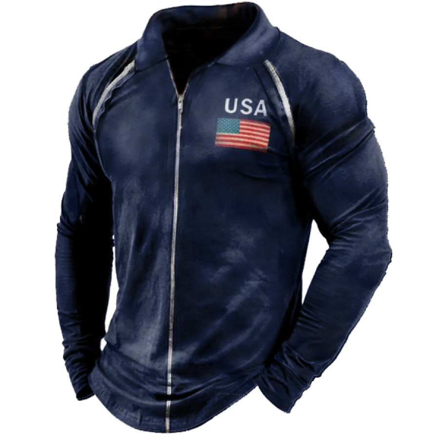 

American Flag Print Men's Outdoor Sports Zip Long Sleeve T-Shirt