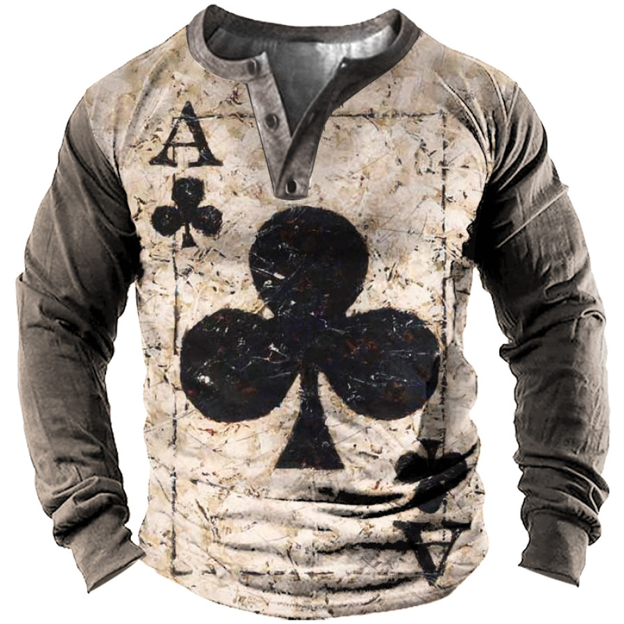 

Vintage Ace A Playing Card Print Men's Henley Long Sleeve T-Shirt