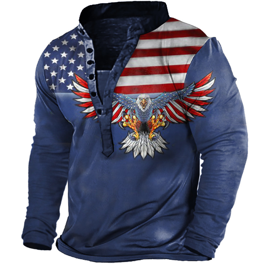 

Men's Outdoor American Flag Eagle Henley Collar Long Sleeve T-Shirt