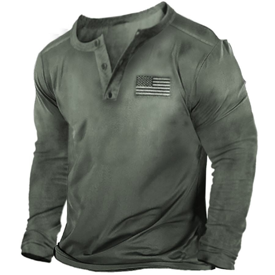 

Men's Outdoor Tactical American Flag Henley Collar Long Sleeve T-Shirt