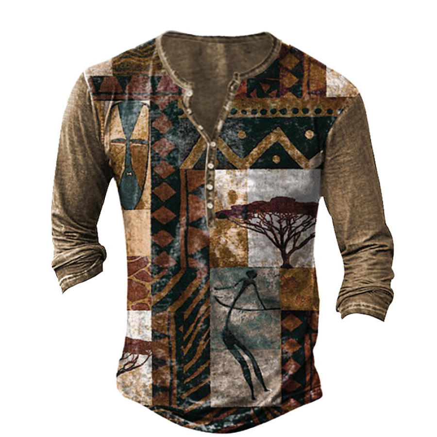 

Men's Vintage Ethnic Graphic Print Outdoor Tactical Henley T-Shirt