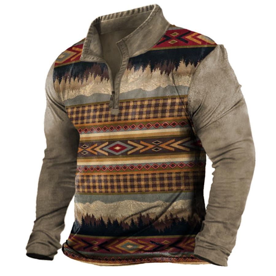 

Men's Retro Outdoor Ethnic Pattern Print Tactical Stand Collar T-Shirt